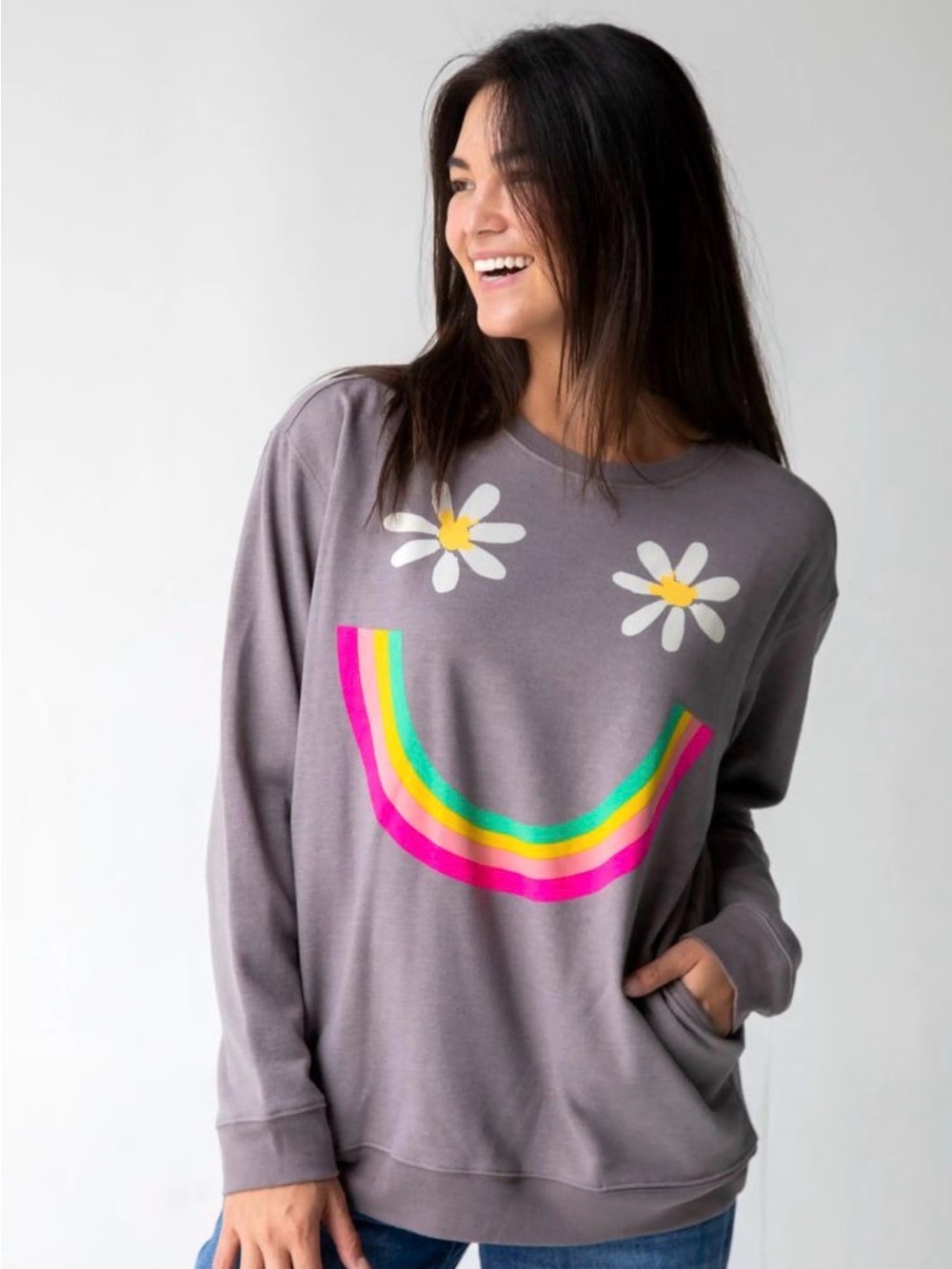 Natural Life Gray Multi Color Smiley Face Sweatshirt Pockets Women XL Boho Cozy